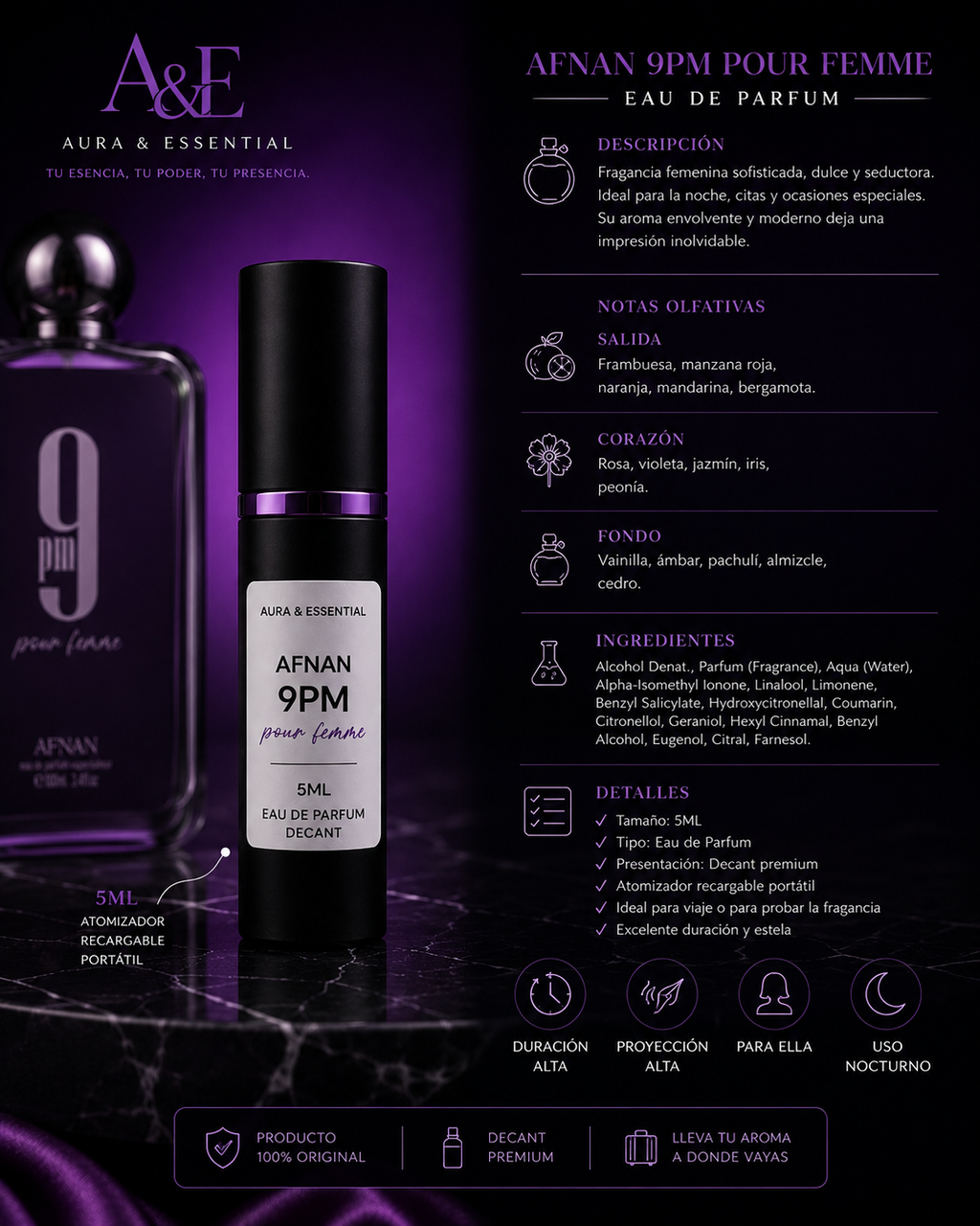 Afnan 9PM Pour Femme Decant 5ML Women. Eau De Parfum Original | Aura&Essential