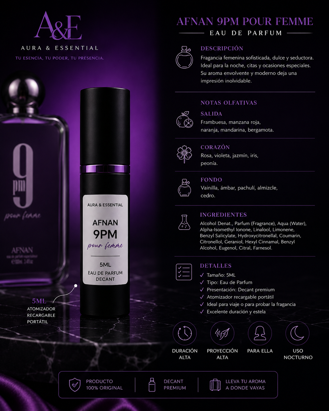 Afnan 9PM Pour Femme Decant 5ML Women. Eau De Parfum Original | Aura&Essential